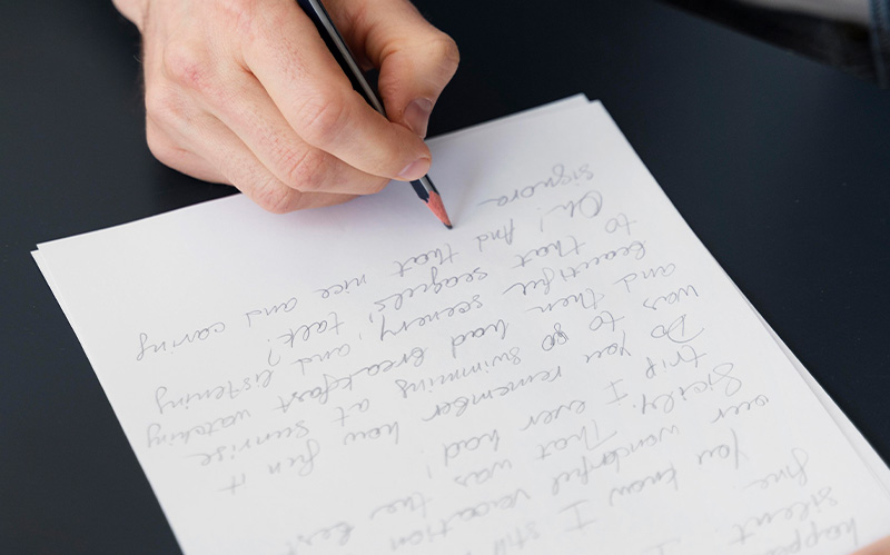 Student practicing cursive handwriting for PSLE English composition.